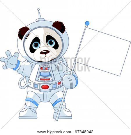 Illustration of astronaut Panda holds blank flag sign
