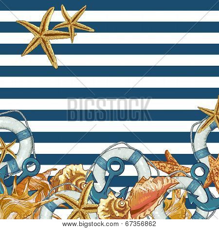 Summer Card with Sea Shells, Anchor, Lifeline