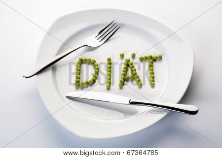 Peas Forming The Word Diet On A Plate.
