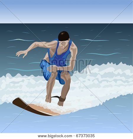 Beginner surfer is on the wave.