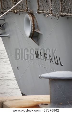 STATEN ISLAND, NY - MAY 21: The stern of the guided-missile destroyer USS McFaul (DDG 074) docked during Fleet Week NY at Sullivans Piers on May 21, 2014.