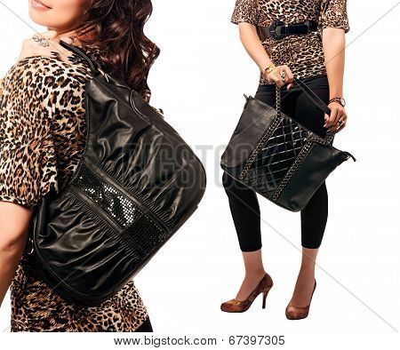 collage of a woman with black bags wearing leopard top. Isolated on the white studio background