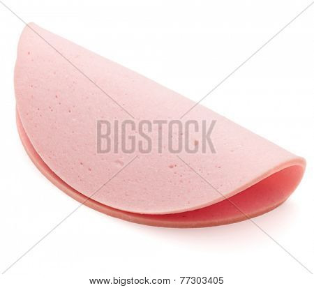 cooked boiled ham sausage or rolled bologna slice isolated on white background cutout