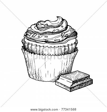 Hand Drawn Vector Illustration - Sweet Cupcake With Cream