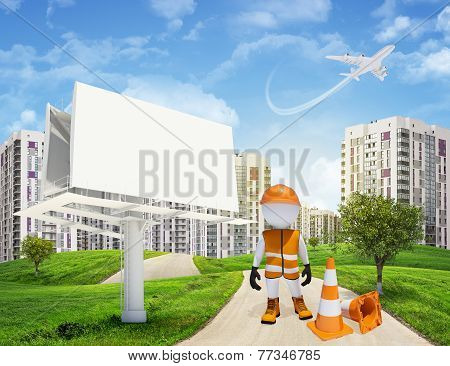 Three-dimensional worker by blank billbord on road through green hills