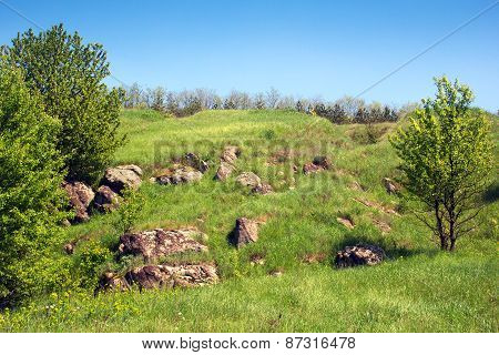 Landscape Of A Green Grassy Hills With Stones And Trees