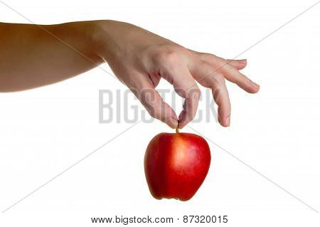 Hand Holding Red Apple From Above Isolated