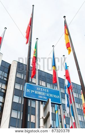 Exterior Of Council Of Europe With All European Union Member Flag On Avenue Schumann