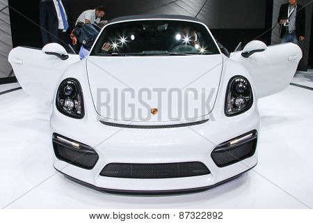 NEW YORK - APRIL 1: Porsche exhibit Porsche Baxster Spyder at the 2015 New York International Auto Show during Press day,  public show is running from April 3-12, 2015 in New York, NY.