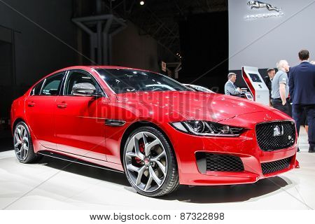 NEW YORK - APRIL 1: Jaguar exhibit Jaguar XE at the 2015 New York International Auto Show during Press day,  public show is running from April 3-12, 2015 in New York, NY.