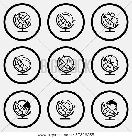 School globe set. Black and white set raster icons.