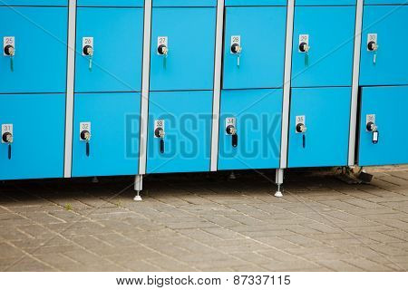 Closeup Blue Deposite Boxes With Keys. Left Luggage