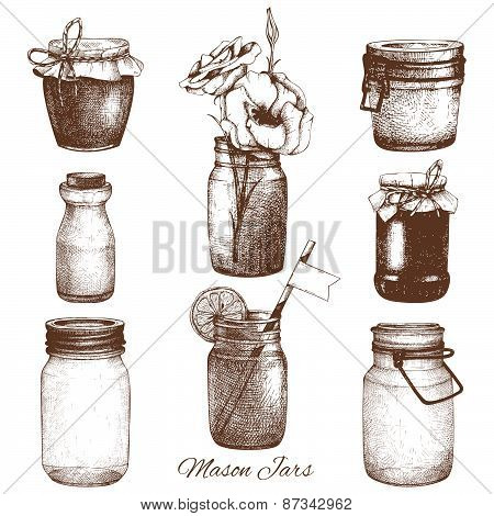 Vector collection of ink hand drawn mason jars.