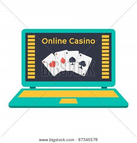 Online Casino. Playing Cards On A Laptop Monitor. Flat Design.