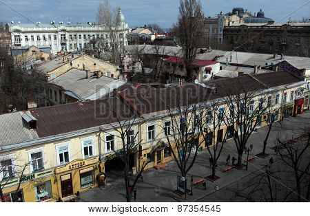ODESSA, UKRAINE - MARCH 25, 2015: Aerial view to Deribasovskaya street. The street is the main tourist attraction of the city with dozens of cafes, restaurants, and shops