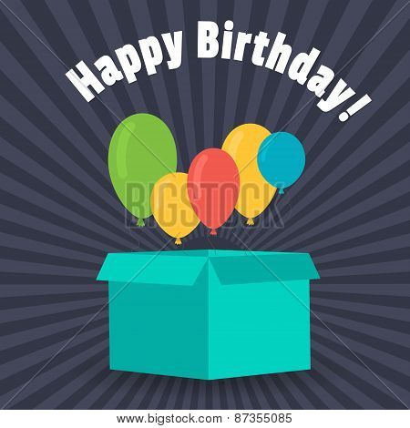 Greeting Card With A Birthday. Balloons Fly Out Of The Box For Gifts. Flat Design.