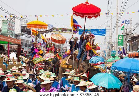 SUKHOTHAI - APRIL 7 : Sukhothai ordination parade on elephant back festival at Hadsiao Temple