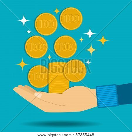 Vector illustration. Gold coins fall into the hand. Passive income.