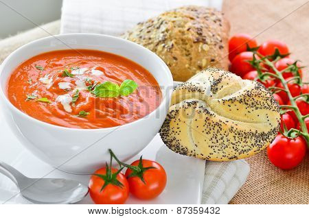 Fresh Tomato Soup And Crusty Bread Rolls.