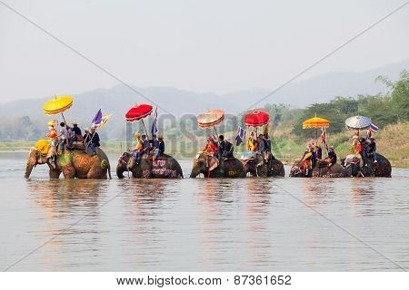 SUKHOTHAI - APRIL 7 : Sukhothai ordination parade on elephant back festival at Hadsiao Temple