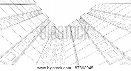 Wire-frame building. View from bottom up. Vector