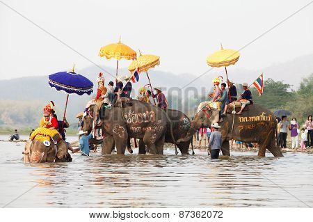 SUKHOTHAI - APRIL 7 : Sukhothai ordination parade on elephant back festival at Hadsiao Temple