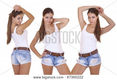 Collage, Beautiful cheerful teen girls in blue jean shorts, isolated on white background