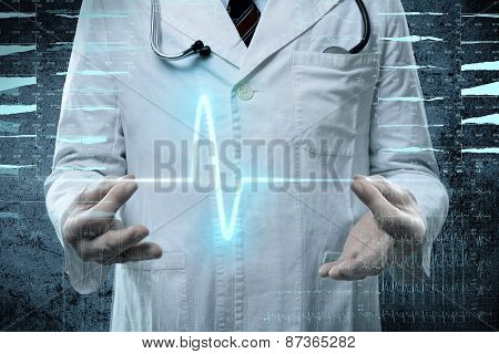 male doctor with heart pulse in hands