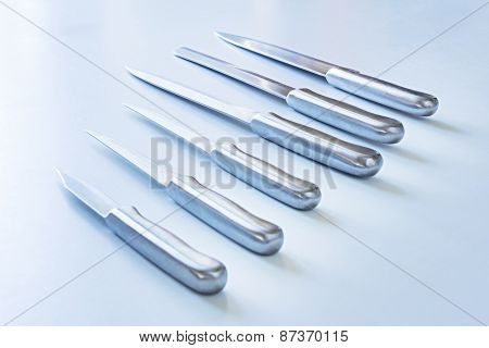 Set of steel kitchen knives, isolated