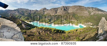Panorama from the observation platform at the Blue Lake in the mountains