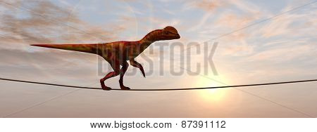 Concept or conceptual abstract business metaphor as wild heavy dinosaurus balancing on rope over sunset sky background banner