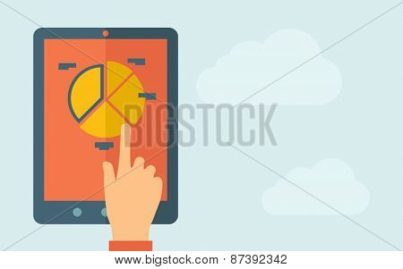 A hand is touching the screen of a tablet with pie chart icon. A contemporary style with pastel palette, light blue cloudy sky background. Vector flat design illustration. Horizontal layout with text