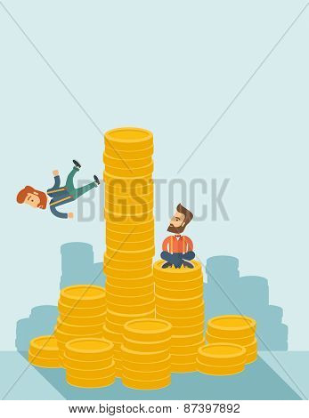 Happy businessman sitting with self confidence on the top of a coin while competitor feel sad on his falling down from higher piled coin as a symbol of unsuccessful business.A contemporary style with