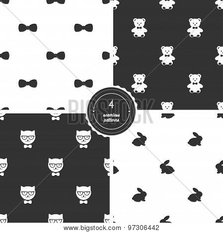 Bow Ties, Teddy Bears, Hipster Cats and Bunnies. Vector Set of Black and White Seamless Patterns