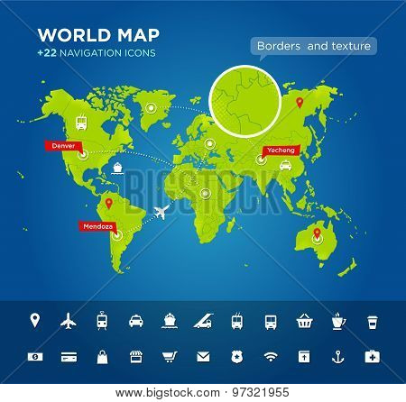 World map with 22 icons