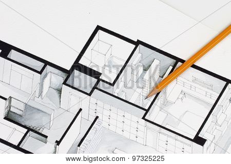 Sharp orange glazed regular pencil on isometric floor plan real estate flat interior decoration