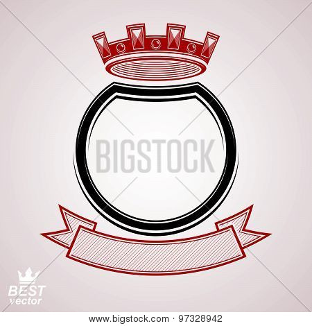 Vector circle with 3d decorative royal crown and festive ribbon, luxury coat of arms. Heraldic