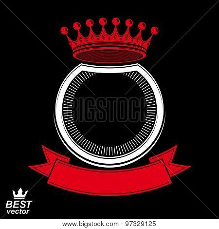Vector ring with 3d imperial crown and festive ribbon, luxury blazon. Heraldic graphic symbol.