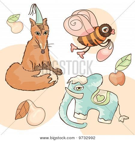 Fuchs, Elefant, Biene, Birne und Apfel