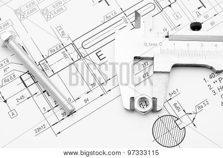 Bolt, Nut And Caliper On The Drawing