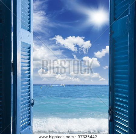 room with open door  to seascape