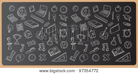 Chalk drawn education icons vector on chalkboard 