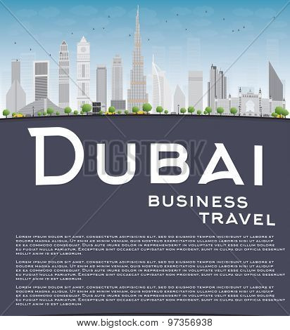 Dubai City skyline with grey skyscrapers, blue sky and copy space. Business travel concept. Vector illustration