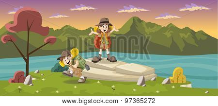 Cute cartoon kids in explorer outfit on a green park with a blue lake