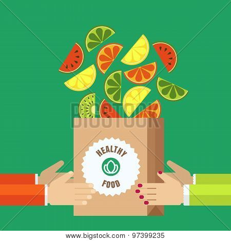 Paper Shopping Bag With Sliced Fruits In Human Hands. Vector Icons Of Watermelon, Orange, Kiwi, Lime