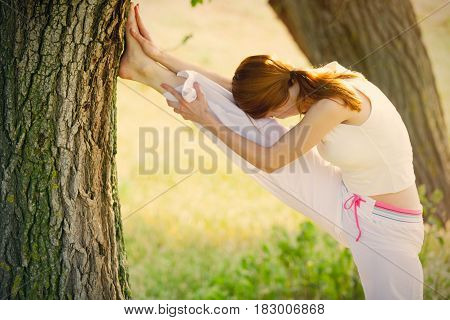 Photo Of Beautiful Young Woman Doing Joga On The Wonderful Trees Background