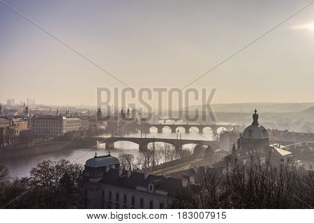 Prague Town And River Vitava In Golden Evening Haze Praha Travel