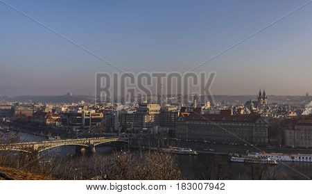 Prague Town And River Vitava In Golden Evening Haze Praha Travel