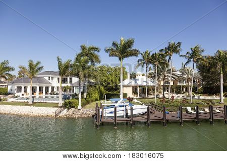 Naples Fl USA - March 18 2017: Luxury waterfront villa in the city of Naples. Florida United States