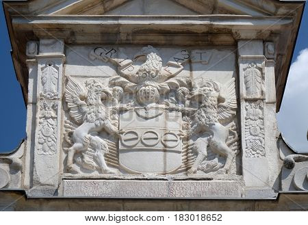 PTUJ, SLOVENIA - JULY 02: Coat of arms above entrance of Castle in Ptuj, town on the Drava River banks, Lower Styria Region, Slovenia on July 02, 2016.